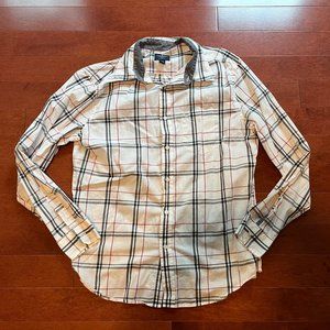 American Eagle Shirt Men's White  Large Blue Red Striped Button Up Classic Fit